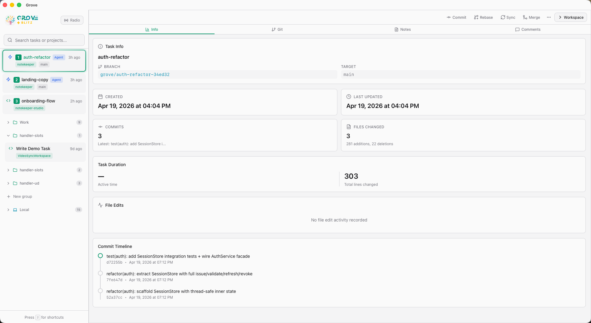 Blitz view — three active tasks across notekeeper and notekeeper-studio, auth-refactor selected