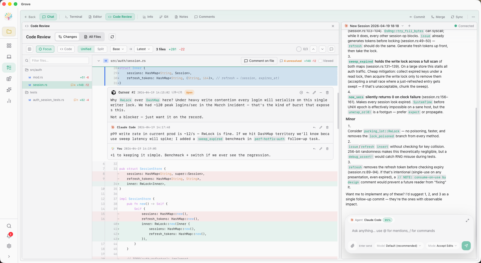 Code Review — auth-refactor task with multi-agent comments threaded inline