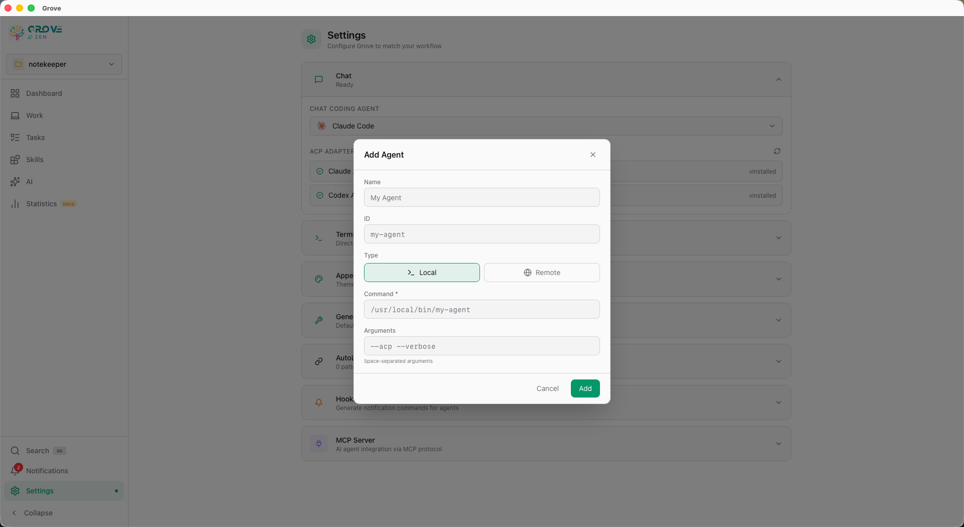 Add Agent modal — name, ID, local/remote toggle, command path and arguments