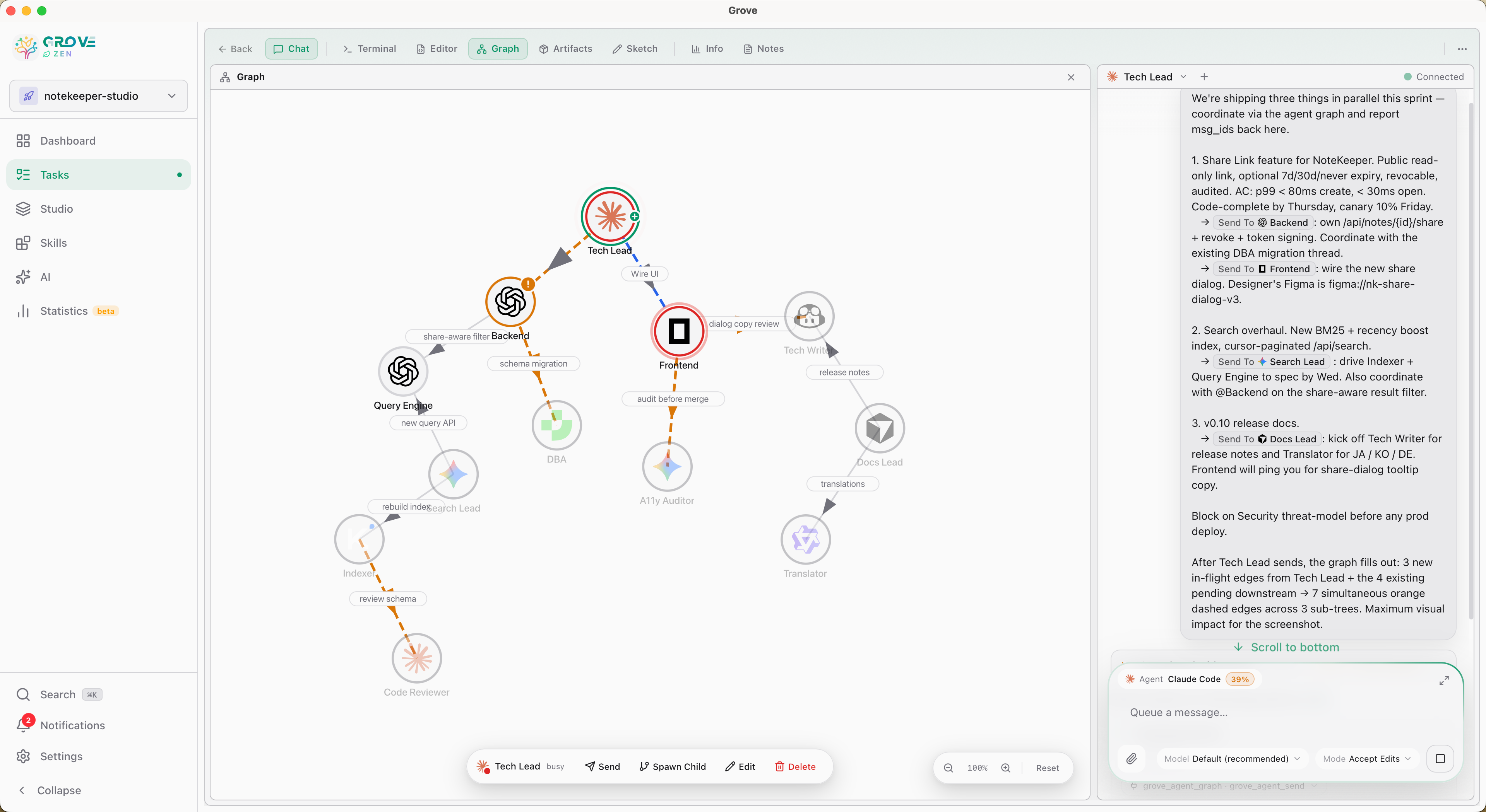 Agent Graph — DAG view of agents in a task with edges, duties, and pending messages