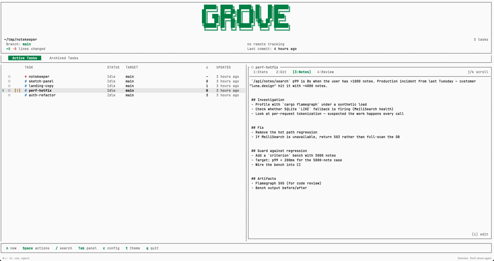 Grove TUI — task list and notes