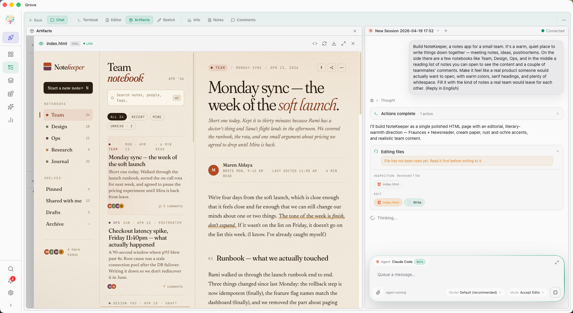 Grove Web IDE — Studio task with Artifacts and Chat panels