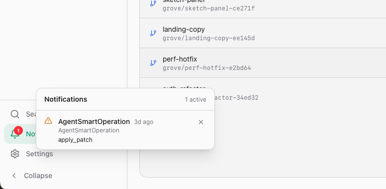 In-app notifications tray showing an agent operation that needs attention