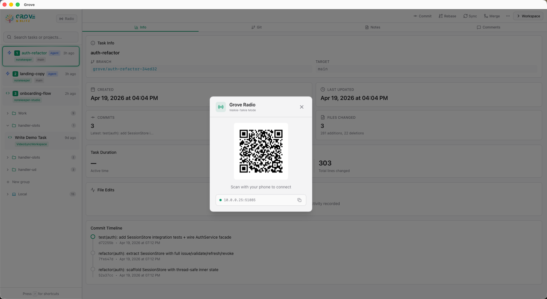 Grove Radio Walkie-Talkie Mode — QR code on desktop for phone to scan