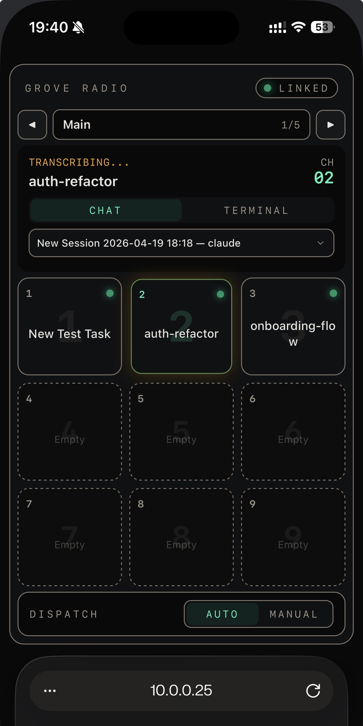 Grove Radio on iPhone — nine-slot channel grid