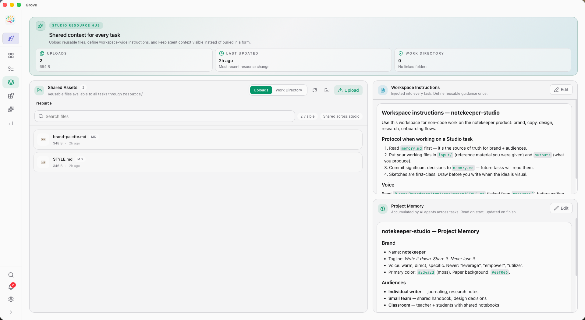 Shared Assets file manager with workspace instructions alongside