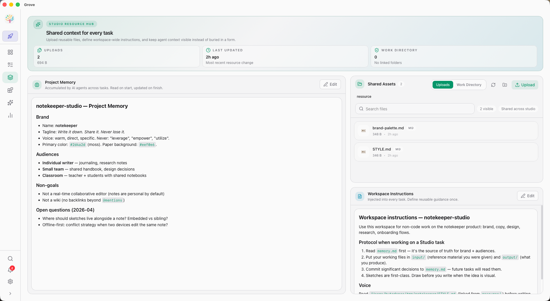 Project Memory editor with Shared Assets and Workspace Instructions panels