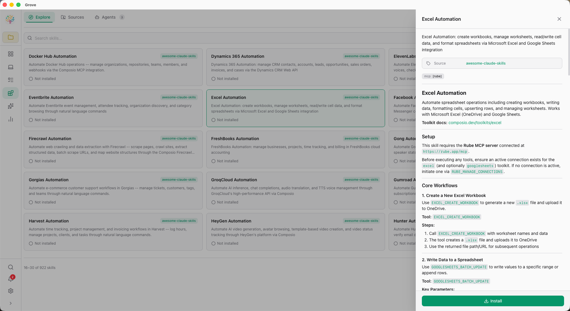 Skills marketplace — Explore tab with installable skills grid and per-skill detail