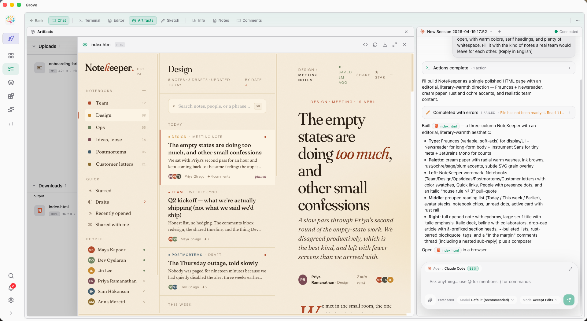 Studio — Artifacts panel showing the NoteKeeper product alongside a live chat with the AI
