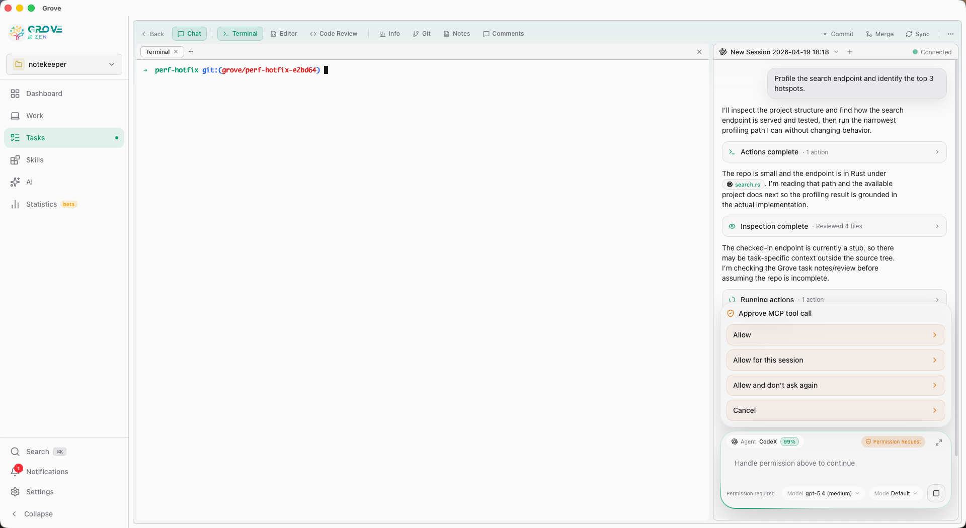 Terminal panel running perf-hotfix alongside a streaming chat with permission prompts