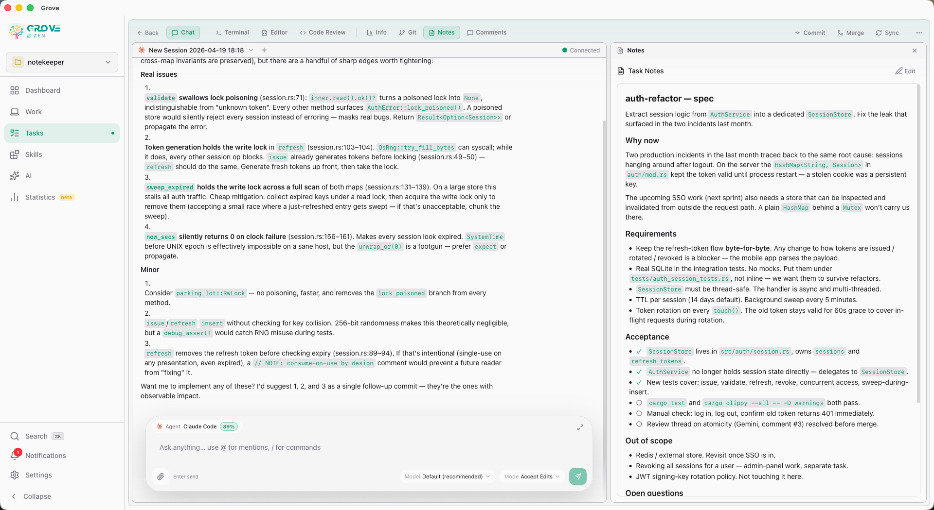 Task Notes editor with the auth-refactor spec visible in the side panel