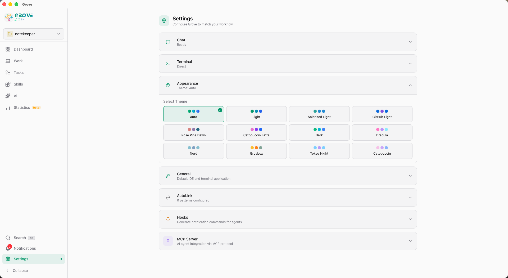 Theme picker — 12 themes including Auto, Light, Dark, Catppuccin, Gruvbox, Nord, Tokyo Night