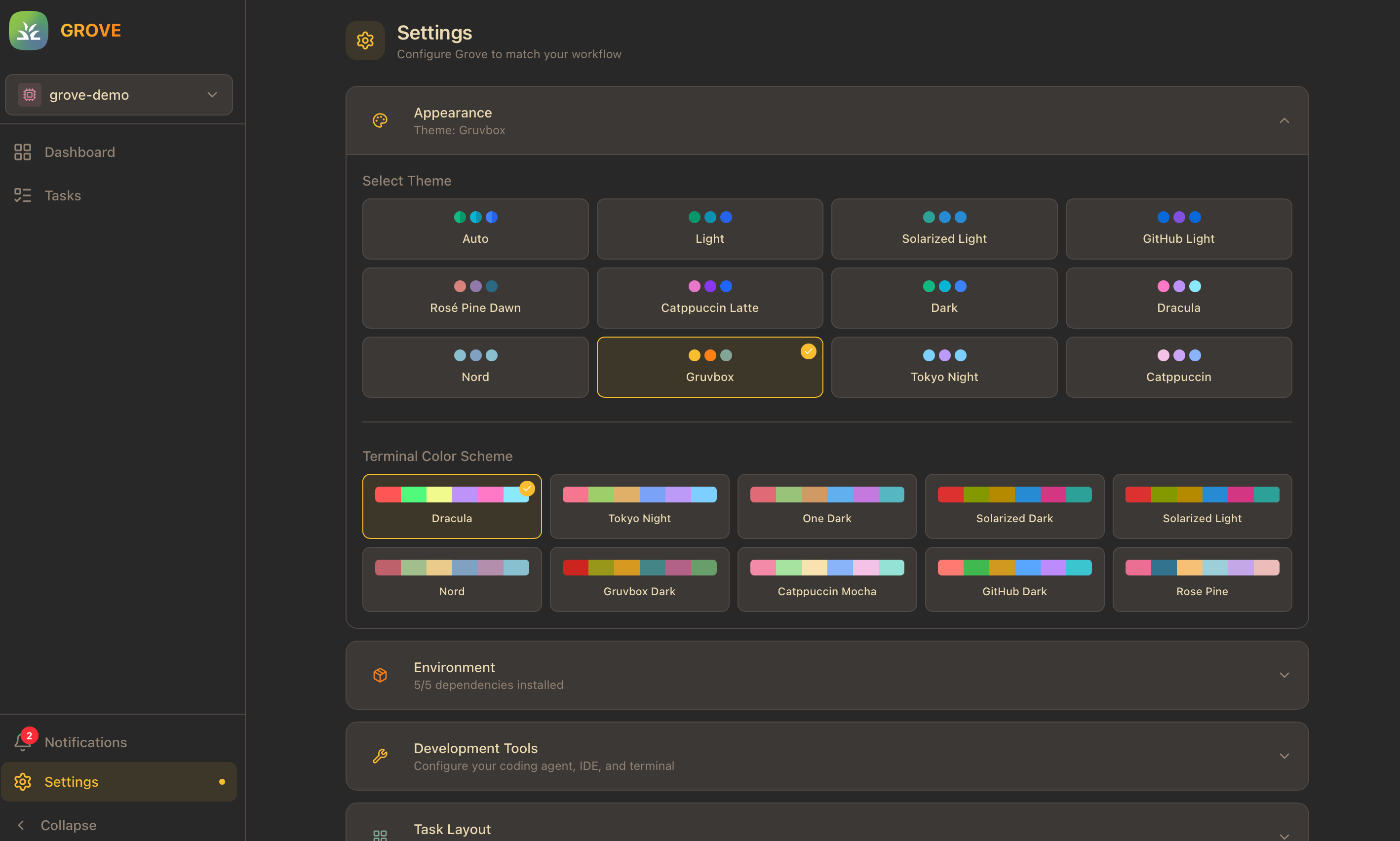 Grove theme showcase - Dracula, Nord, Gruvbox, Tokyo Night and more